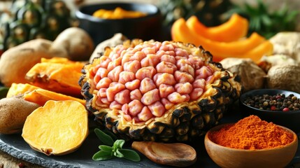 Fresh ripe jackfruit cut open showing yellow pods and seeds, healthy tropical fruit close-up, perfect for cooking recipes, vibrant colors, natural outdoor kitchen setting bright and fresh