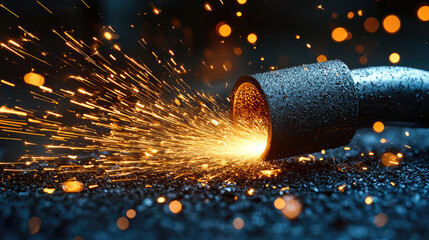 Bright sparks fly as welding occurs in a dimly lit workshop, demonstrating a skilled hand at work. The energizing glow highlights the creativity of metal craftsmanship