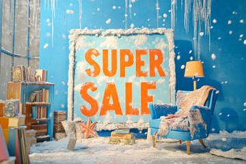 A cozy winter-themed room featuring a sale sign, bookshelves, and a comfortable chair, promoting a festive sale.