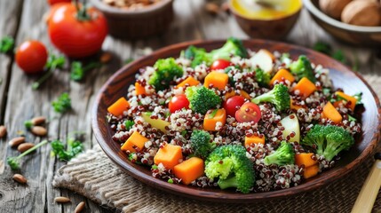 Healthy food consisting of cooked quinoa mixed with diced vegetables including broccoli, carrots and tomatoes. A colorful plant-based meal option.