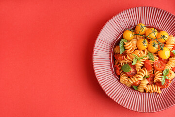 Plate of delicious fusilli pasta with tomatoes and basil on red background