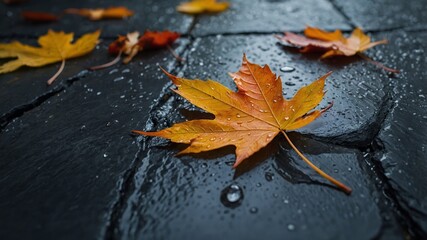 Autumn leaves resting on rainy slate surface
