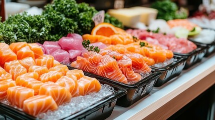 Fresh salmon nigiri and sushi rolls arranged on black trays, showcasing vibrant colors and textures, perfect for restaurant menus, food blogs, culinary events, and Japanese cuisine promotions in brig