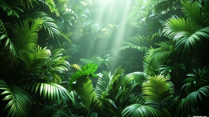 Sunbeams illuminate lush green tropical jungle foliage.