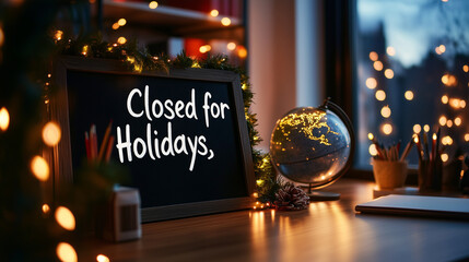 A creative desk setup with a blackboard that says "Closed for Holidays," illuminated by warm light, with decorative fairy lights and a globe centerpiece