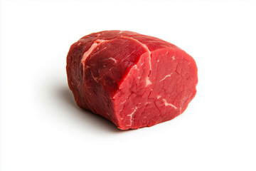 Fototapeta premium Fresh red beef cut on white background, showcasing its marbling and texture. Ideal for culinary presentations and recipes.