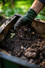 A man wearing a green gardening glove on each hand is shoveling compost into a planter. The focus is on the process of soil preparation for planting.