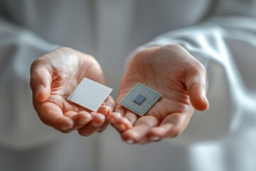 Hands holding semiconductor chips in the research room, in the style of light white, the color is gray with low saturation, ward winning photography, light background, shot by Leica S3, realistic, det
