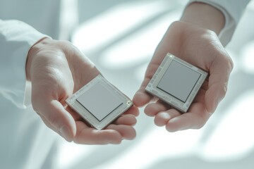 Hands holding semiconductor chips in the research room, in the style of light white, the color is gray with low saturation, ward winning photography, light background, shot by Leica S3, realistic, det