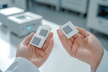 Hands holding semiconductor chips in the research room, in the style of light white, the color is gray with low saturation, ward winning photography, light background, shot by Leica S3, realistic, det
