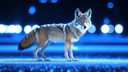 Wild gray wolf standing alert on illuminated urban street at night with blue bokeh lights, perfect for wildlife, nature, city, and nocturnal themes in digital, print, or educational use
