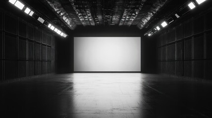 A spacious, empty studio with a large blank screen, ideal for presentations or filming.