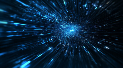 Fototapeta premium A dynamic cascade of glowing blue particles swirling in an abstract vortex against a blurred gradient background, evoking a futuristic and ethereal atmosphere