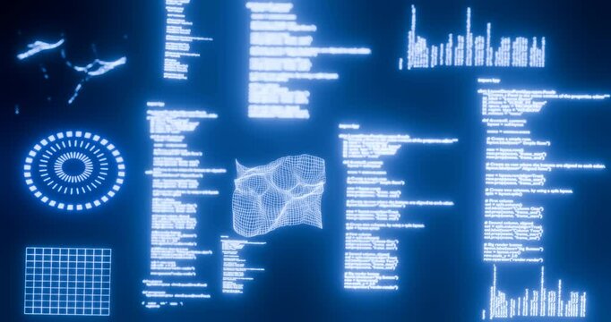 3d hologram technology render for technology and code related backgrounds, cyber security and ai processing, futuristic holographic, code processing, booting up, block chain, analysis, hack