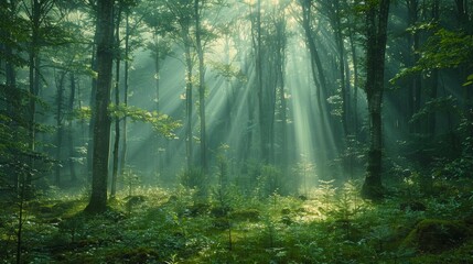 Obraz premium Sunbeams pierce through misty forest, illuminating lush green undergrowth.
