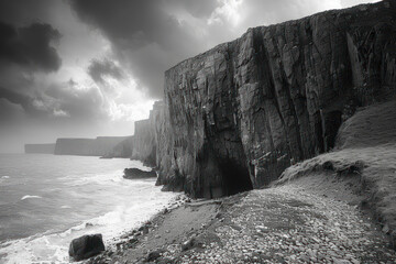 dramatic black and white photograph of a sea coast with massive cliffs. 