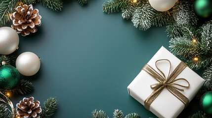 Christmas composition of green Christmas decorations and white gift boxes on background with space for text, top view.