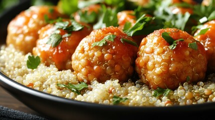 Plant-based meat Taming twins Plant based lamb Spend With Pennies Freeze dried chicken protein Heura foods NotCo Fresh N Lean Redefine Juicy meatballs garnished parsley served on fluffy quinoa in bla