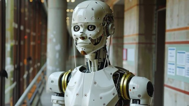 A lifelike robot stands in a contemporary estate, showcasing intricate mechanical features and advanced design. The environment reflects a blend of technology and luxury, inviting curiosity.