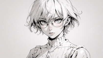 Detailed Pencil Art of Anime Girl in Glasses with Short and Stylish Hair Black and White Wallpaper
