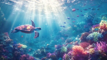 Fototapeta premium Sea turtle gracefully swims through vibrant coral reef, sunbeams illuminating the scene.