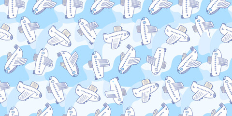 Cute kids seamless pattern with white planes and clouds on blue sky. Childish hand drawn airplanes in turquoise cloudscape print for textile, boys wrapping paper, wallpaper, surface