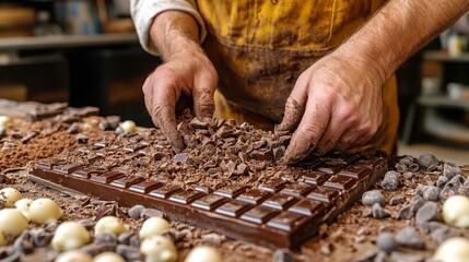 Skilled chocolatier hands breaking artisanal dark chocolate bar with various chocolate truffles on wooden table, perfect for confectionery branding, bakery shops, festive gift ideas, warm cozy worksh