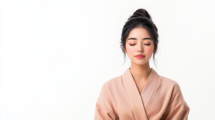 serene woman in beige kimono with closed eyes, exuding calmness and tranquility. Her hair is styled in bun, enhancing peaceful atmosphere.