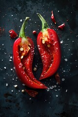 Fresh spicy red chili ingredient background on dark textured surface ai generated
