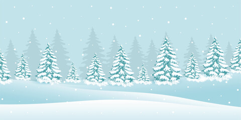 Winter Landscape background. Christmas Background. Winter Landscape blue sky with snow on forest pine tree on moutains. Snow hurricane landscape, snowflakes on blue background. social media banner