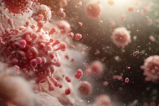 Vivid depiction of virus particles floating in a microscopic landscape during a health crisis