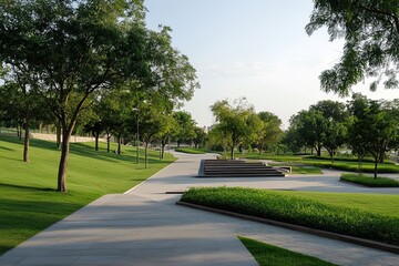 Obraz premium Lush green park with pathways, trees, and modern landscaping under a clear blue sky