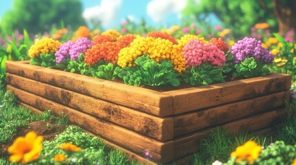 Vibrant multicolored flower bed with wooden frame in sunny garden, blooming seasonal plants for landscaping, home decoration, spring atmosphere, greenery background, outdoor nature setting
