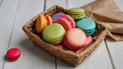 Colorful macarons in paper baskets on wooden background