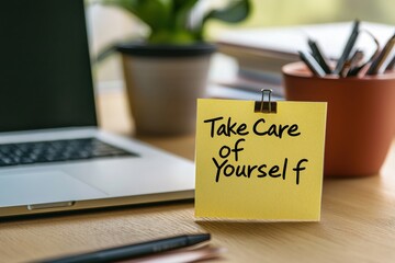 A motivational note with "Take Care of Yourself" reminds of self-care on an organized desk.