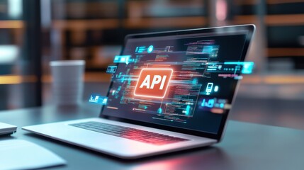 Laptop with Holographic "API" Text and Networking Icons