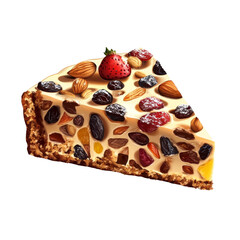 Detailed Illustration of a Slice of Fruit Cake with Nuts and Dried Fruit Layers, Festive Clipart, Isolated on PNG Transparent Background