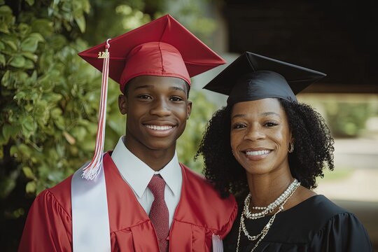 Celebrate graduation day with proud mother and son posing together outdoors in academic caps