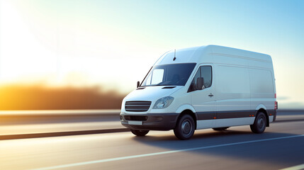 White delivery van driving on highway during a sunset