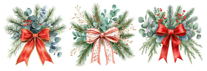 Watercolor set of Christmas arrangements with green pine branches and holly berries with beautiful festive bows