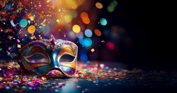 Wallpaper de m&aacute;scara de carnaval colorida com glitter e confetes caindo no ch&atilde;o em uma noite de carnaval de rua, festa de rua, carnaval 2025