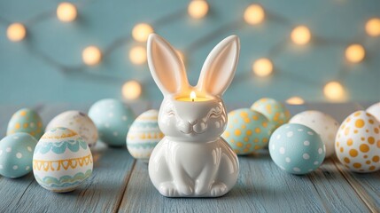 Easter Bunny Candle Holder with Colorful Eggs and Twinkling Lights