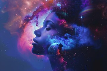 Obraz premium Dreamy woman with cosmic hair, surrounded by a vibrant galaxy, symbolizing creativity and imagination. Ethereal and colorful space concept.