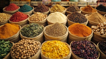 Fototapeta premium Assortment of vibrant spices in woven baskets at traditional market : Generative AI