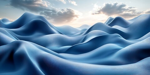 Fototapeta premium Abstract blue landscape with rolling hills under a cloudy sky.