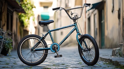 Classic blue BMX bike in romantic narrow alley reflecting urban charm and personal journeys : Generative AI