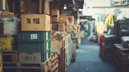 Fototapeta premium Bustling Market Scene with Stacked Boxes and Pallets in a Warehouse Setting : Generative AI
