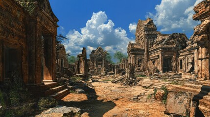 Fototapeta premium Ancient Ruins with Lush Vegetation Under a Bright Blue Sky