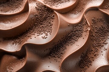 Close-up of smooth, creamy chocolate mousse with elegant wave-like patterns and fine cocoa powder granules sprinkled on the surface. Rich texture of the dessert