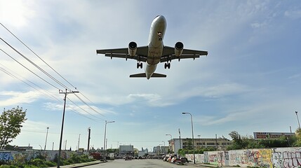 Fototapeta premium Commercial Airplane Flying Low Over Urban Street with Graffiti on Summer Day : Generative AI